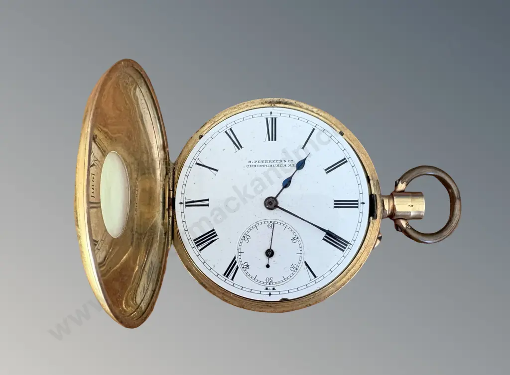 18ct Gold Half Hunter Pocket Watch, (no glass) B Petersen & Co, Christchurch, TW93.2gms Image 1++