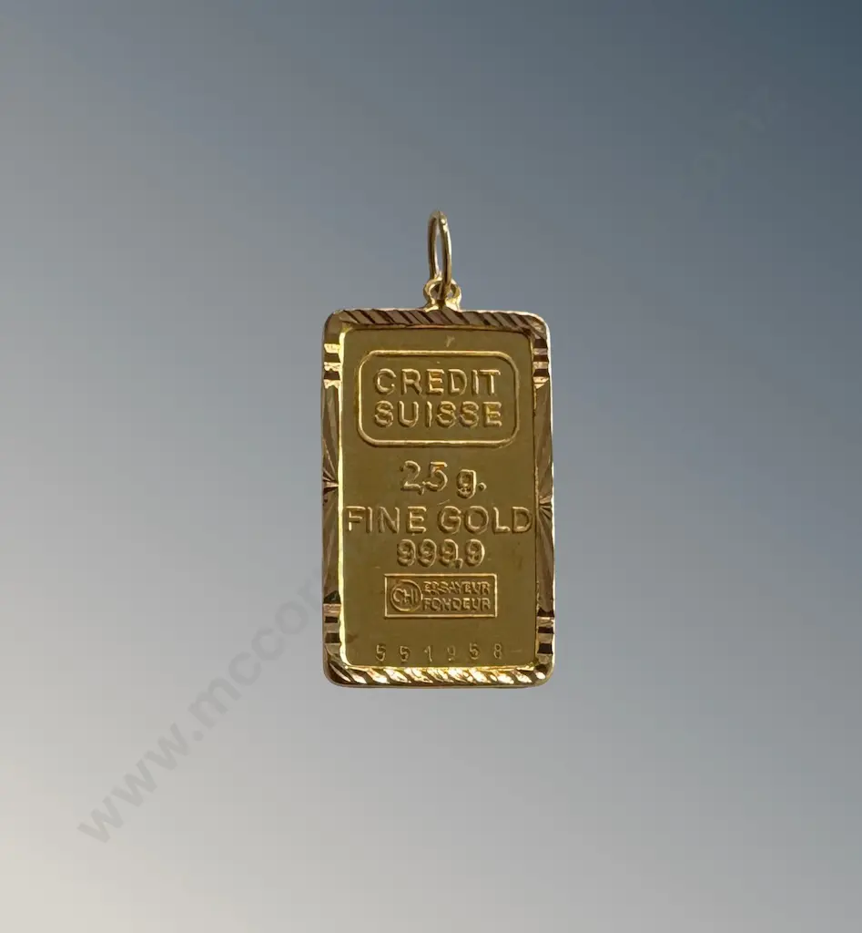 999.9 Pure Gold Ingot - Credit Suisse W2.5gms sitting within 22ct Gold Bezel W.6gms, TW3.1gms Image 1++