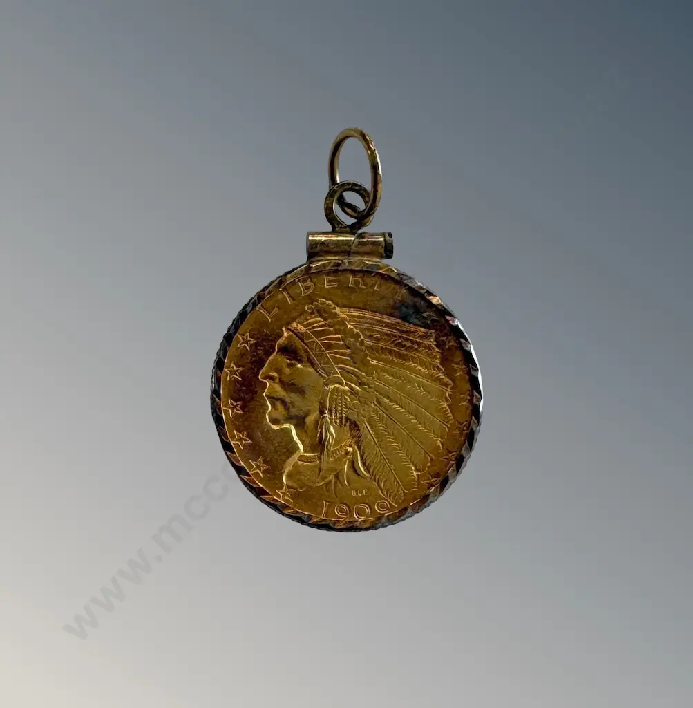 21.6ct (.900) Gold USA Two and a Half Dollar Indian Head Coin - 1909, W4.18gms, in 14ct Bezel W.92gms, TW5.1gms Image 1++