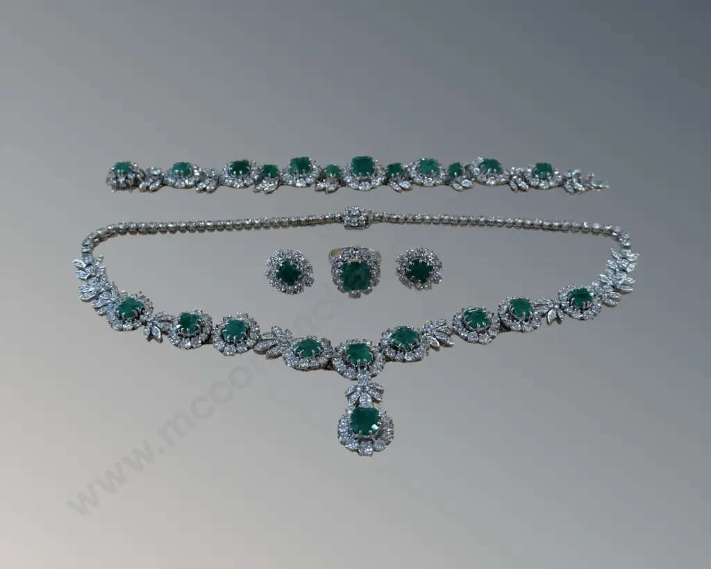 18ct Gold & Platinum Emerald and Diamond Parure Set, Total Gemstone Weight 70.81ct, TW147.22gm,Total Valuation $145,900 Image 1++