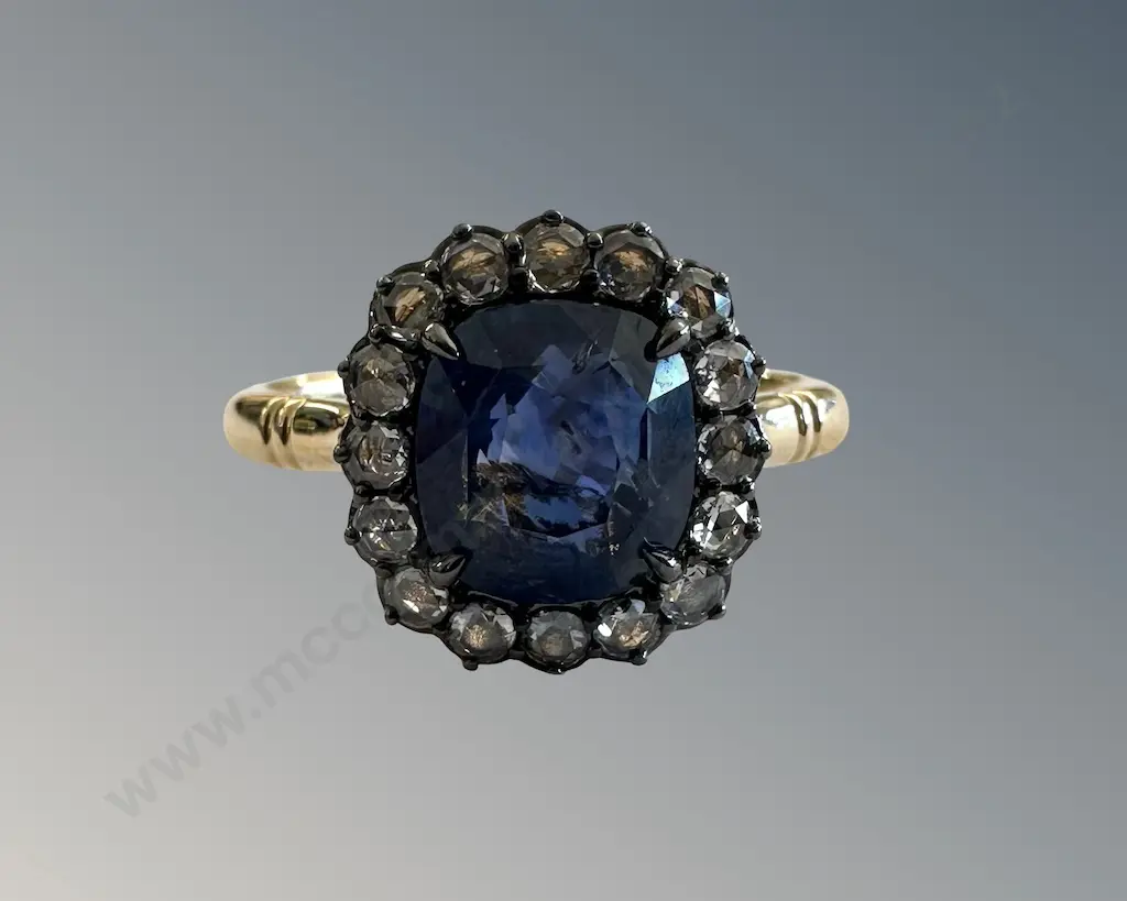 18ct Sapphire and Diamond Cluster Ring, Size P, Sapphire 3.60ct, TW5.03gms, Valuation $22700 Image 1++