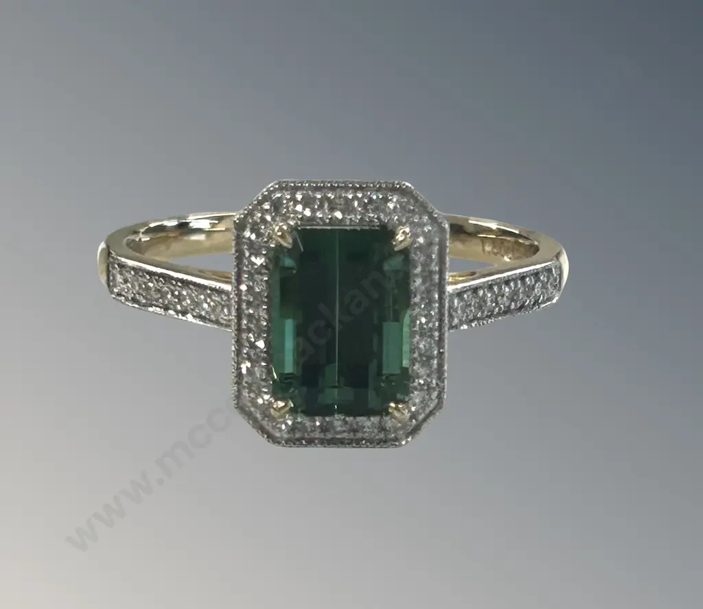18ct Gold Green Tourmaline and Diamond Cluster Ring, Size P, Tourmaline 1.8ct, TW3.8gms, Valuation $5650 Image 1++