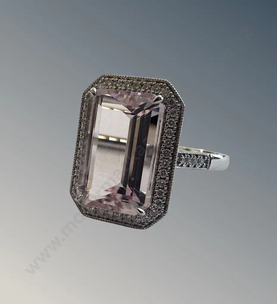 18ct White Gold Morganite and Diamond Cluster Ring, Size P, Morganite 5.35ct, TW5.26gms, Valuation $8200 Image 1++