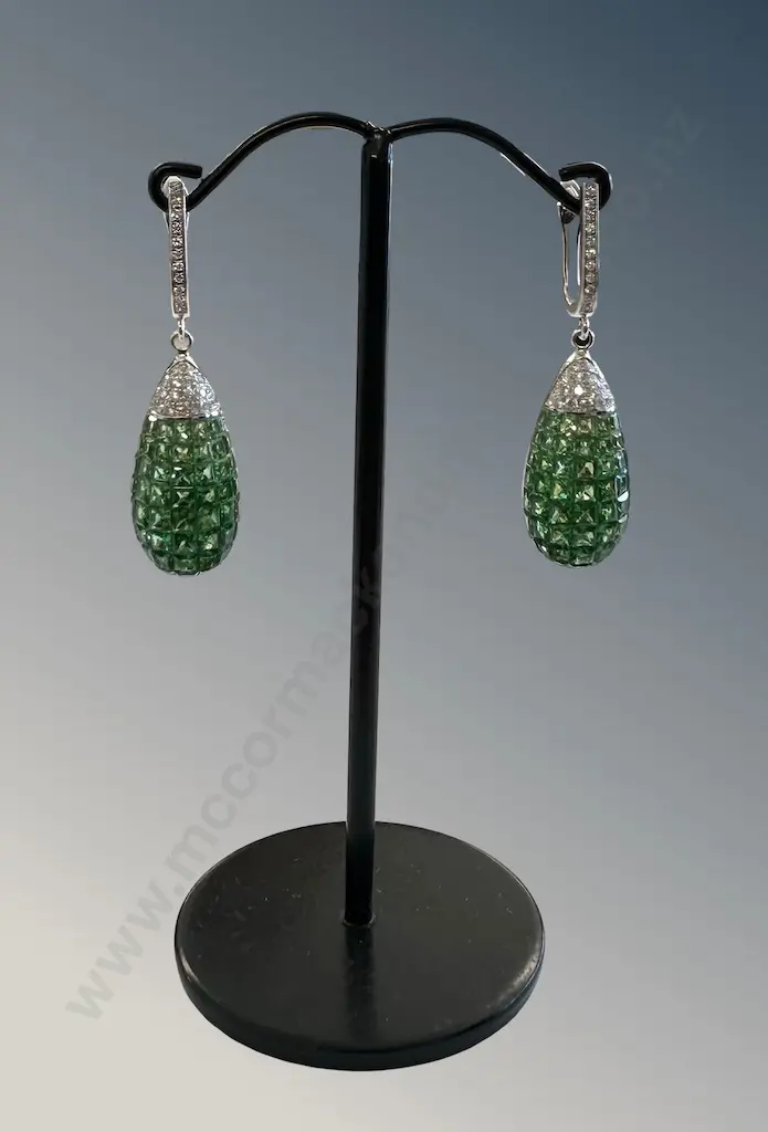 Pair of Invisible Set Tsavorite Garnet and Diamond Drop Earrings, TGW6.13ct, Valuation $16000 Image 1++