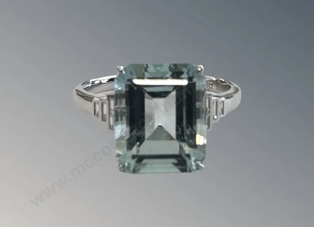 18ct White Gold Aquamarine and Diamond Ring, Size P, Aquamarine 4.86cts, TW3.82gms, Valuation $7150 Image 1++