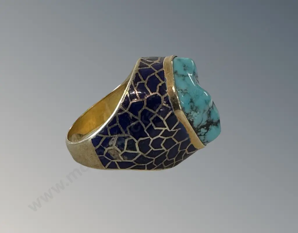 14ct Gold and Enamel Ring with Turquoise Stone, Size R, TW12.5gms Image 1++