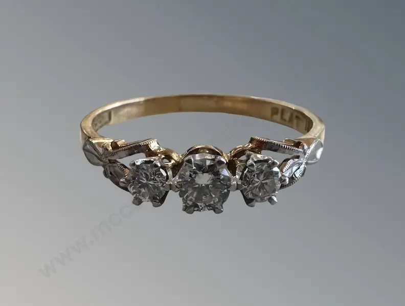 18ct Gold and Platinum 3 Diamond Ring, Size Q, TW2.39gms, Valuation $3525 Image 1++