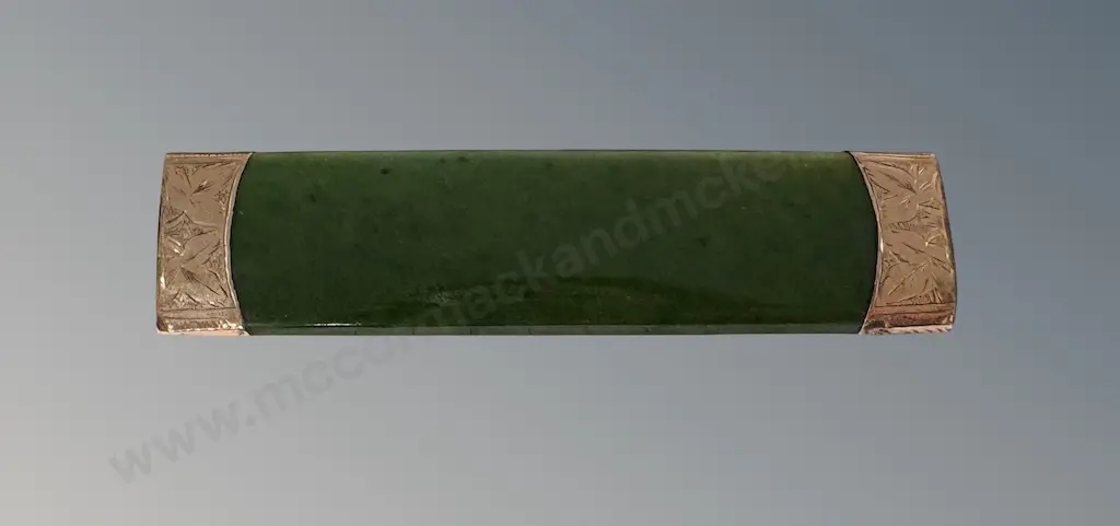 9ct Gold Mounted Greenstone Bar Brooch, L11cm Image 1++