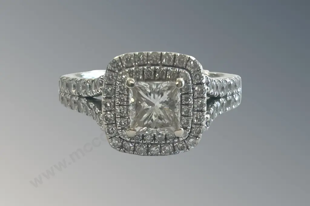 18ct White Gold and Diamond Cluster Ring, Centre Diamond Size N, 1ct Princess Cut, TDW2.34ct, Valuation $20000 Image 1++