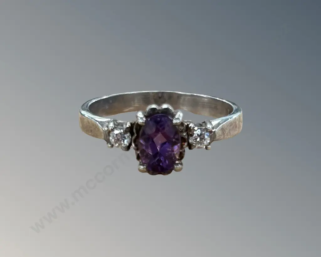 Sterling Silver Amethyst and Diamond Ring, Size K, TW2.2gms Image 1++