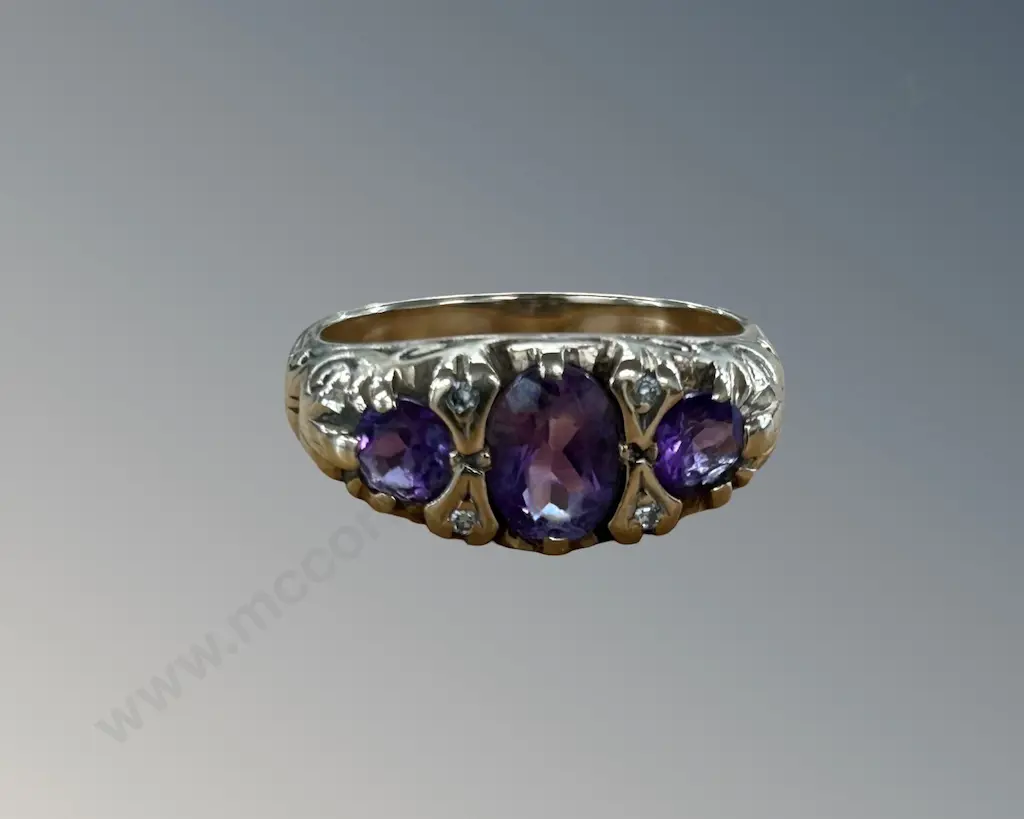 9ct Gold 3 Stone Amethyst Dress Ring, Size N, TW4.7gms Image 1++