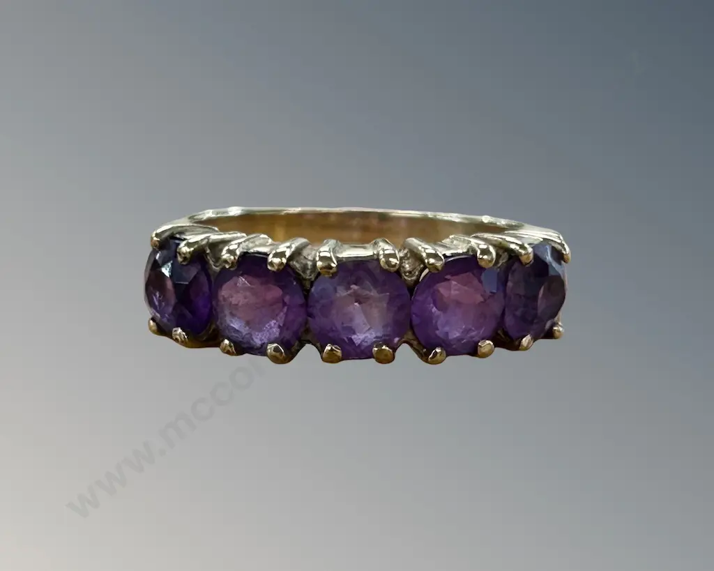 9ct Gold Amethyst 5 Stone Ring, Size N/O TW4.2gms Image 1++
