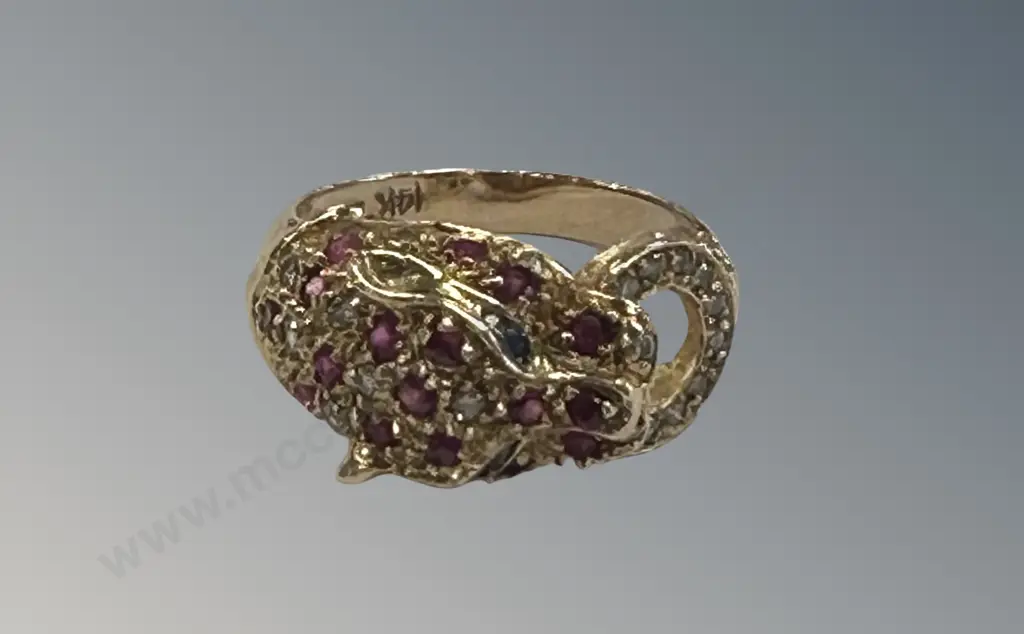14ct Yellow Gold Ruby, Diamond and Sapphire Leopards Head Ring, Size N, TW4.8gms Image 1++