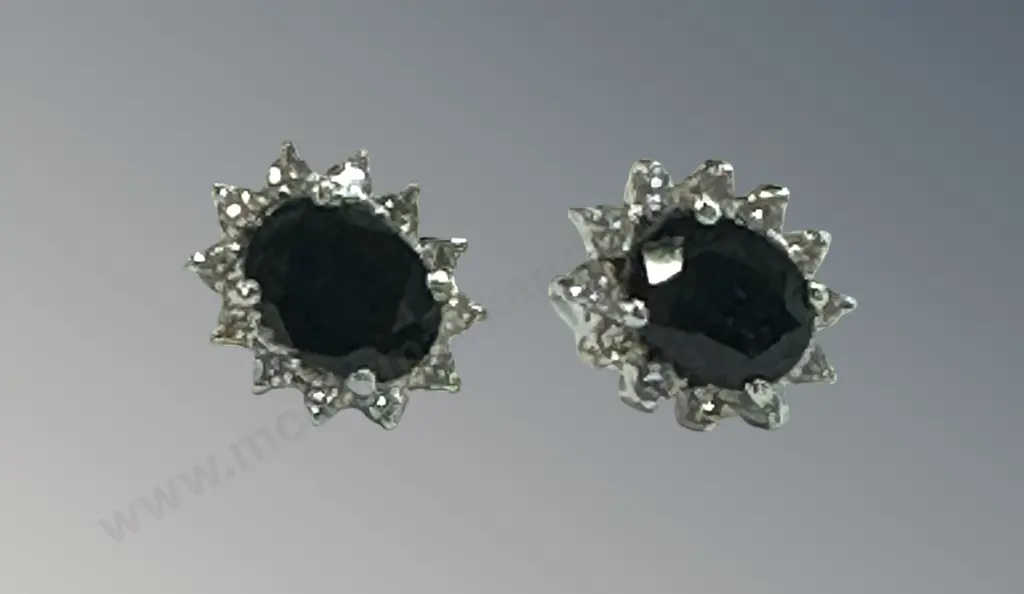 18ct White Gold Diamond and Sapphire Earrings, TW4.3gms Image 1++