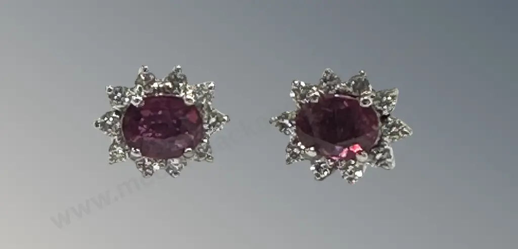 14ct White Gold Diamond and Ruby Cluster Earrings, TW2.7gms Image 1++