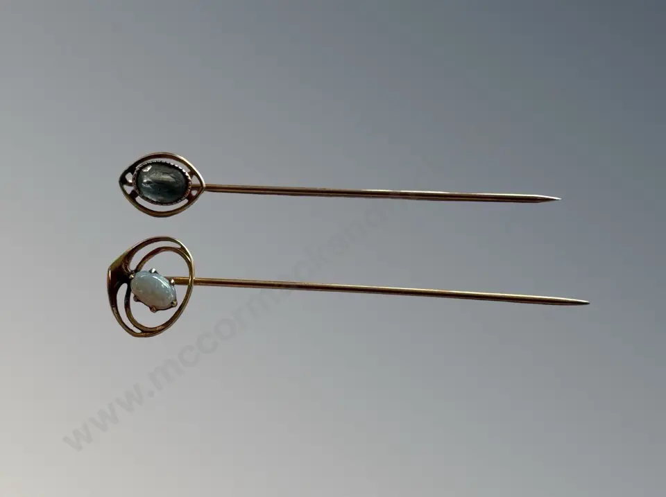 Two 10ct Gold Hat Pins with Opal & Topaz TW1.7gms Image 1++