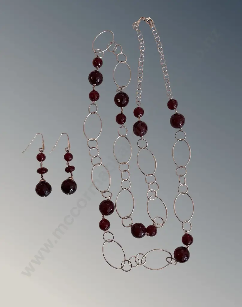 18ct Gold Over Silver Chain with Ruby Agate Beads and Matching Earrings Image 1++
