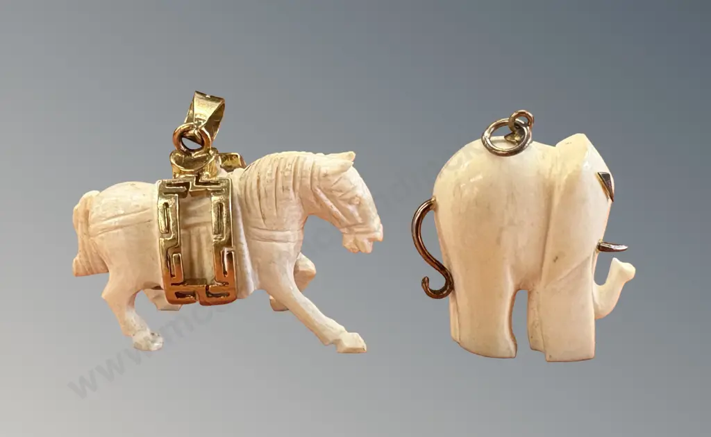 18ct Gold Embellished Bone Elephant Pendant  and 18ct Gold Filled Mounted Bone Horse Pendant L3.5cm Image 1++
