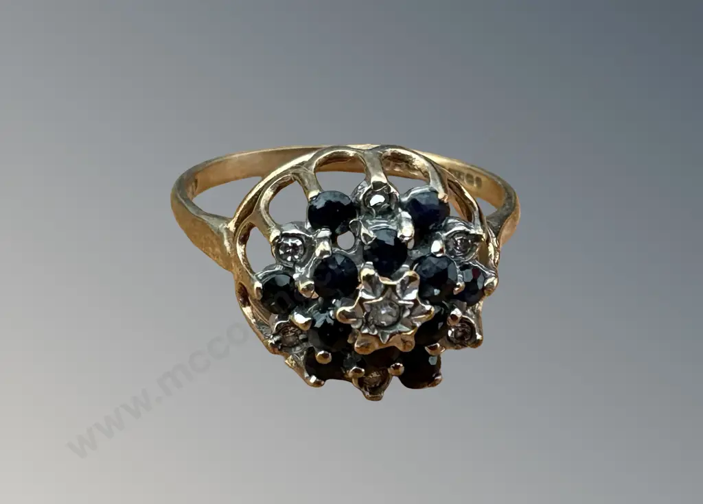 9ct Gold Diamond and Sapphire Cluster Ring, Size S, TW2.8gms Image 1++