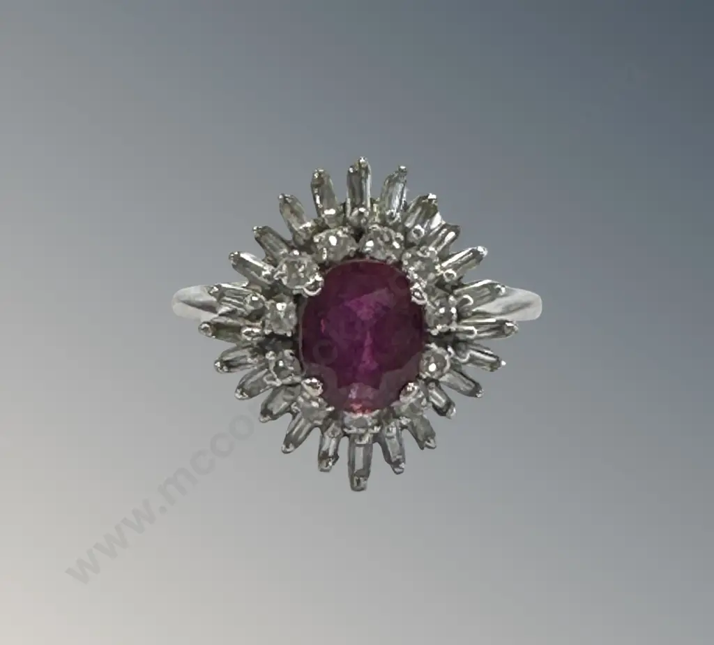 14ct White Gold Diamond and Ruby Cluster Ring, Size M/N, TW5.9gms Image 1++