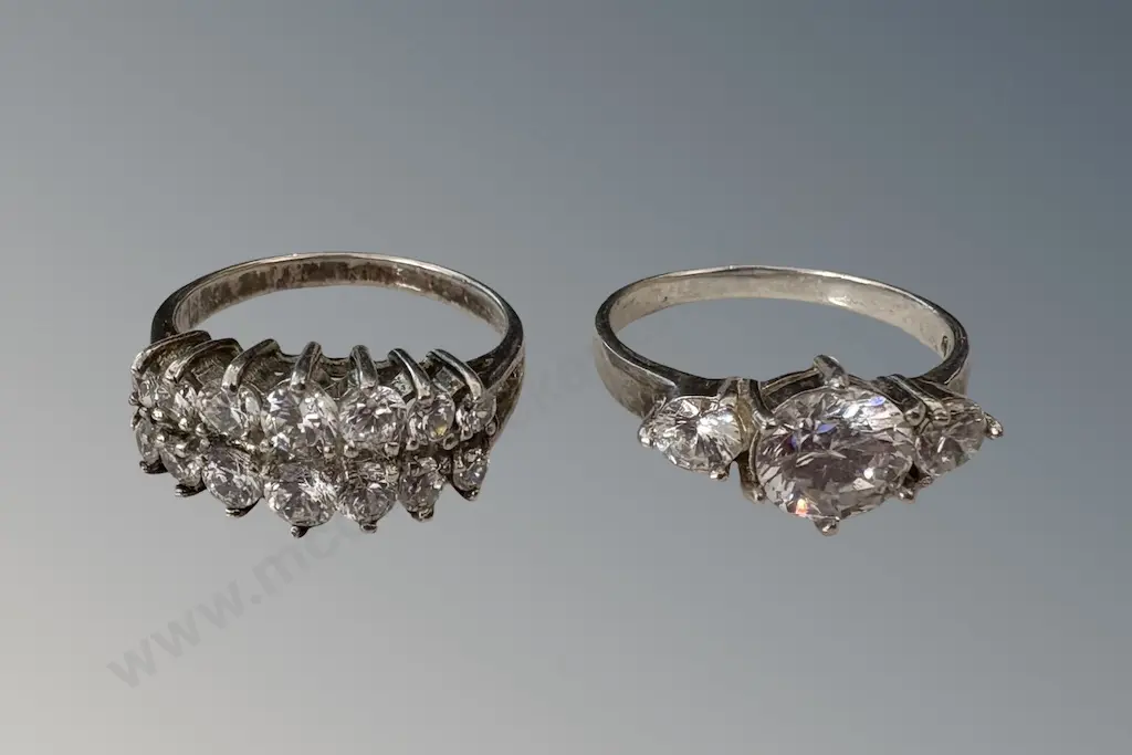 Two Sterling Silver and CZ Dress Rings, Size U & S/T, TW9.2gms Image 1++