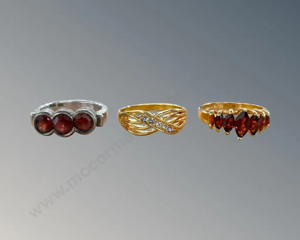 Sterling Silver Three Stone Ring Size L and 2 Gold Dress Rings, Size P and Size R Image 1++