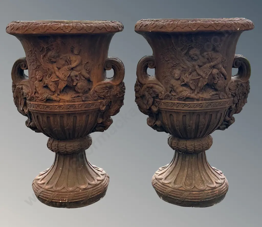Pair of Stone Two Handled Urns with Cherubic and Floral Motifs, H78xD46cm Image 1++