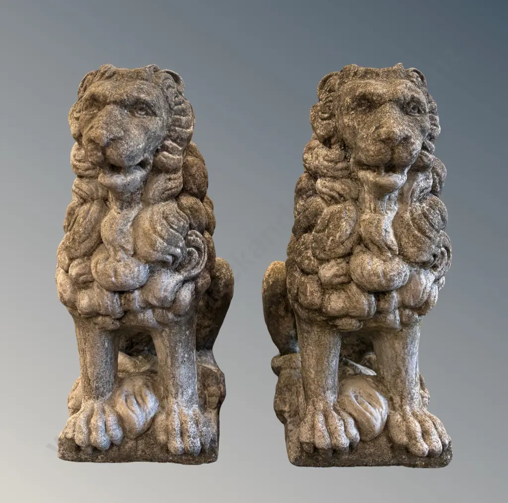 Pair of Old Concrete Seated Lions H60x37cm Image 1++