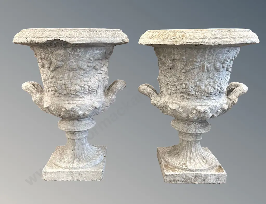 Pair of Concrete Two Handled Urns with Floral Detailing, H72xD55cm Image 1++