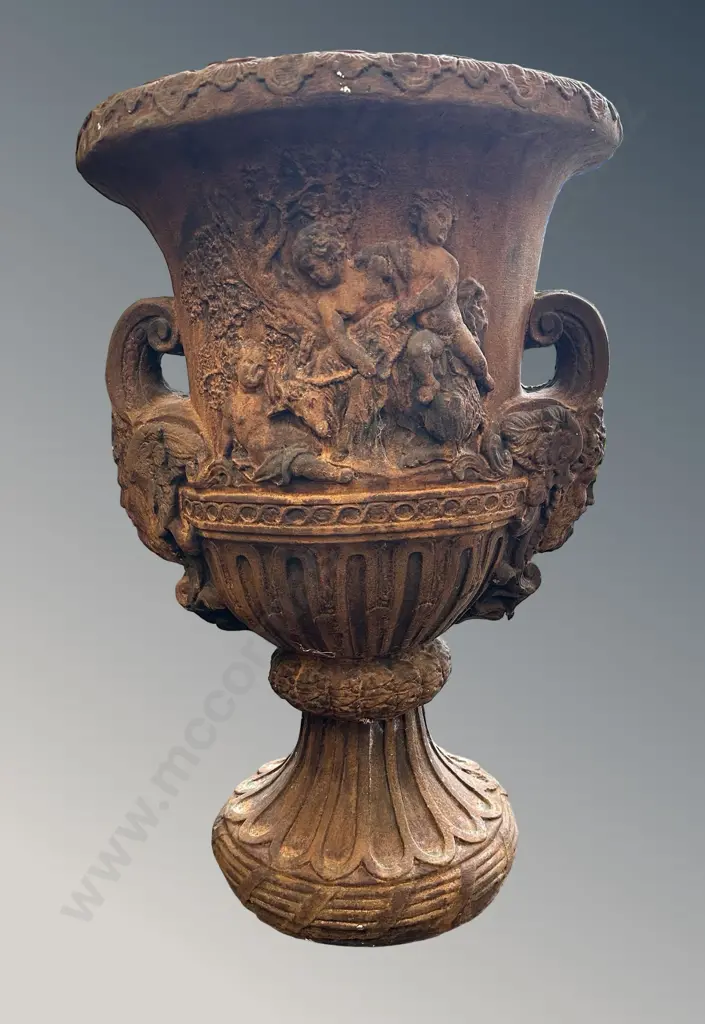 Stone Two Handled Urn with Cherubic and Floral Motifs, H78xD46cm Image 1++