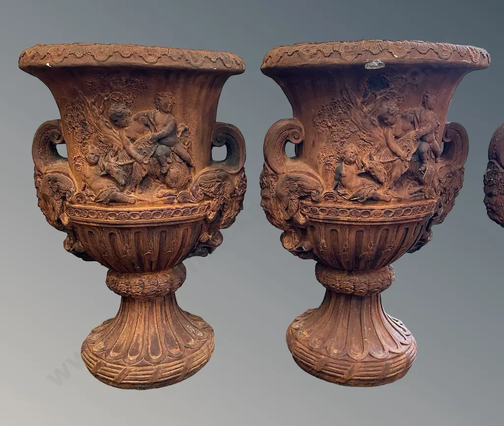 Pair of Stone Two Handled Urns with Cherubic and Floral Motifs, H78xD46cm Image 1++