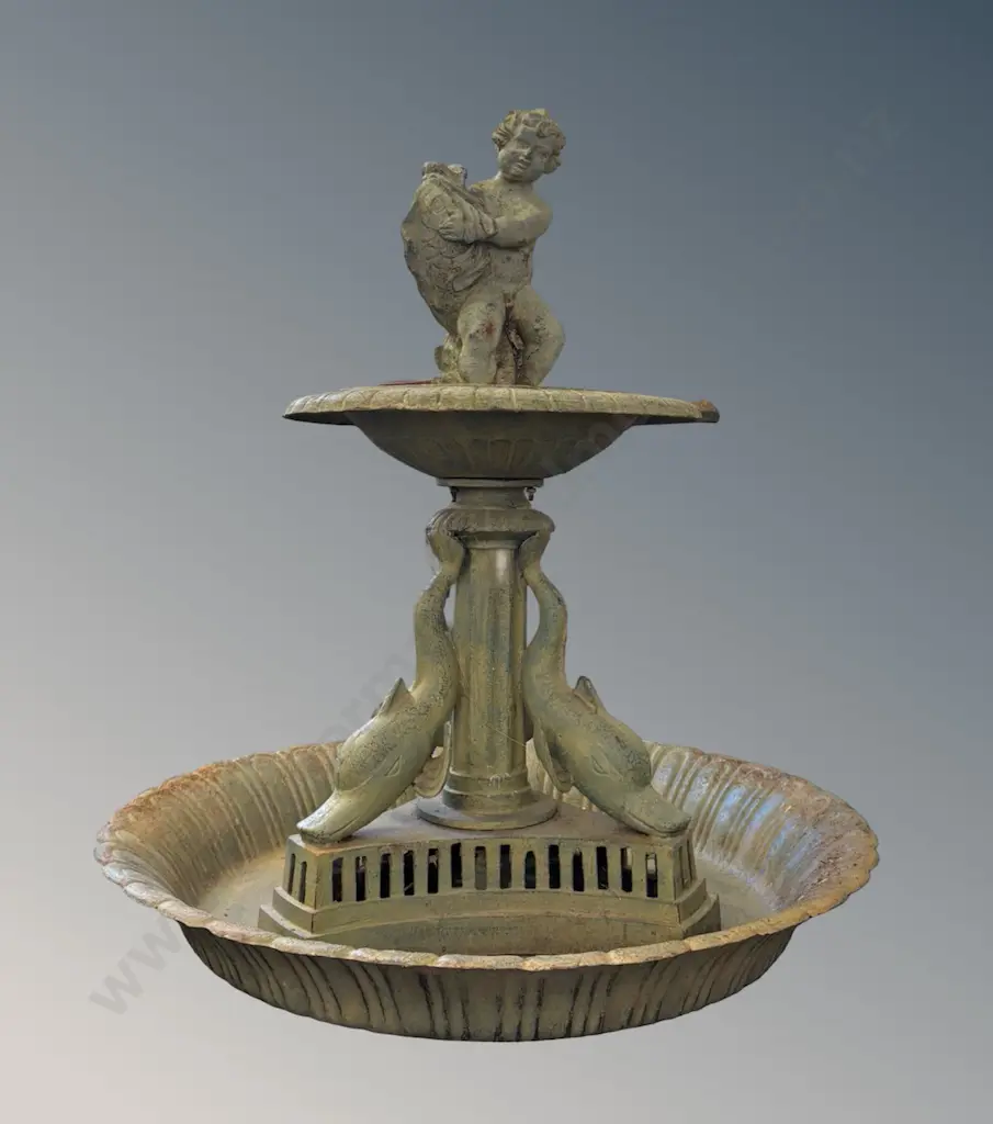 Two Tier Cast Iron Fountain with Dolphin Reeded Base and Cherub Holding Fish Spout H115xD110cm Image 1++