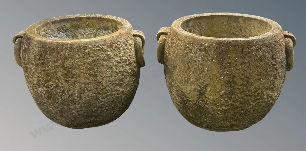 Pair of Concrete Round Planters with Circular Handles, H43xD46cm Image 1++