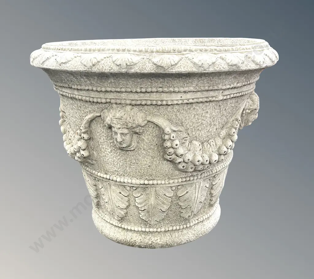 Stone Garden Urn, HGC made in England with decorative Leaf and Head Moftis and Fruit Swags, H50x60cm Image 1++