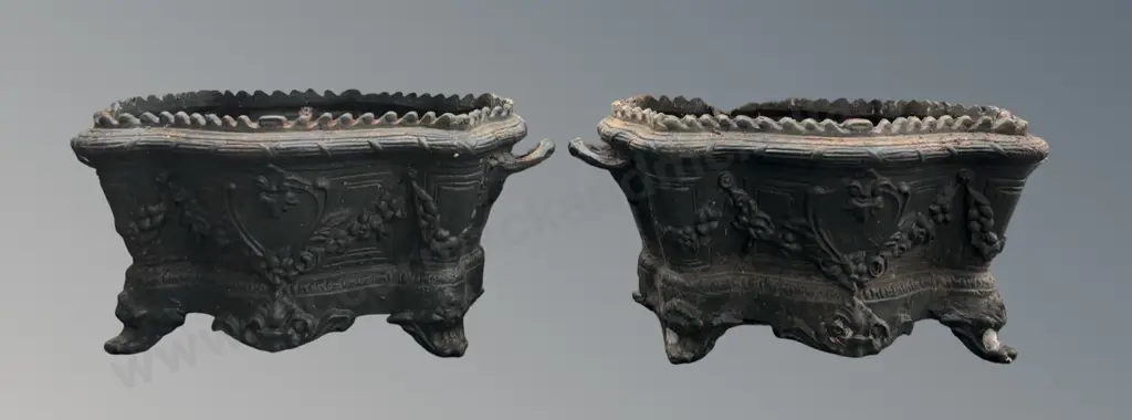 Pair of Cast Iron Scalloped Edge Footed Troughs with Handles H27xL55xD35cm Image 1++