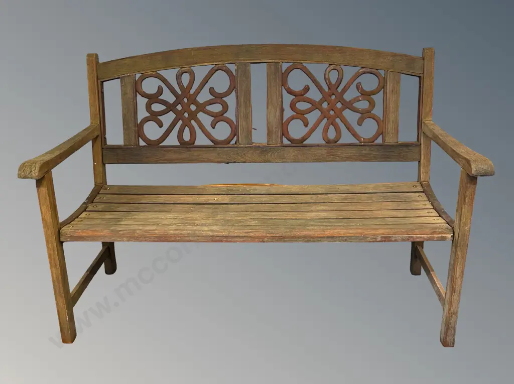 Wooden Slatted Garden Bench with Iron Fretwork Panels, H92xL130xD65cm Image 1++