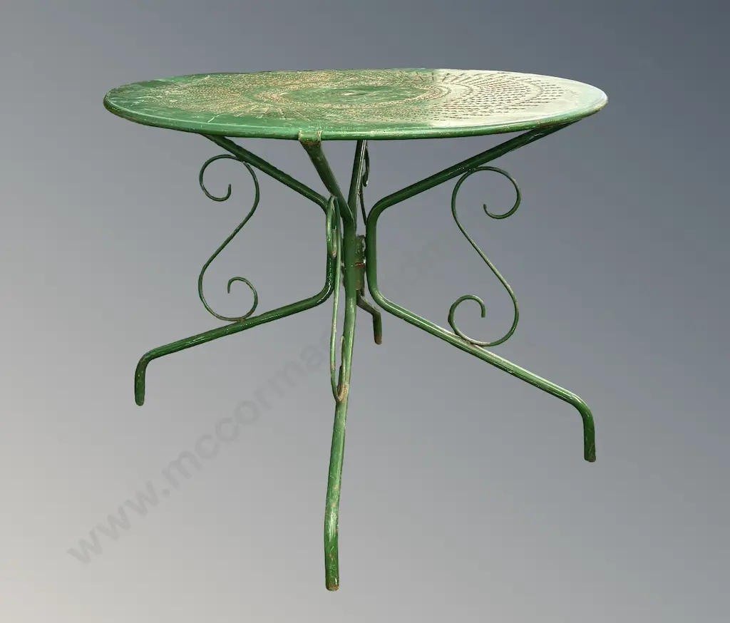 French Distressed Green Metal Cafe Table H72xD96cm Image 1++