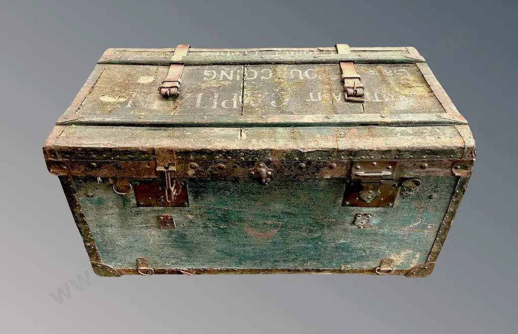French WWI Canvas Covered Wooden Trunk addressed to a Lieutenant at Tourcoing on the French Belgian Border L74xD40xH37cm Image 1++