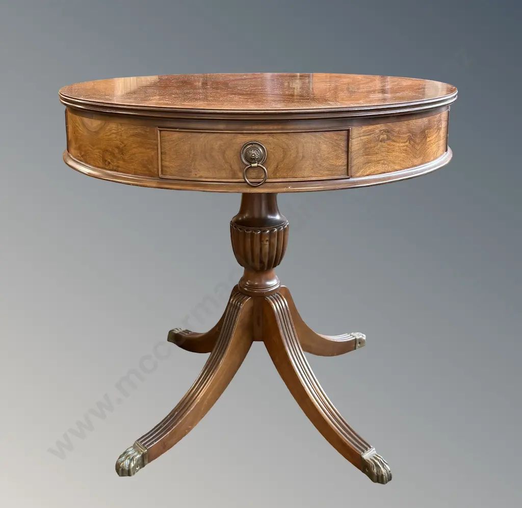 Walnut Regency Style Drum Table with Pedestal Base and Brass Claw Feet D74xH69cm Image 1++