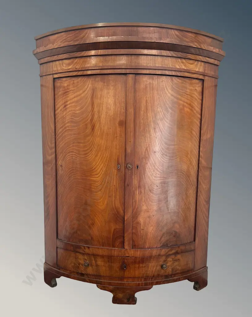 Flame Mahogany Half Round Corner Cabinet with Four Shelves and Single Drawer H143xW100xD75cm Image 1++