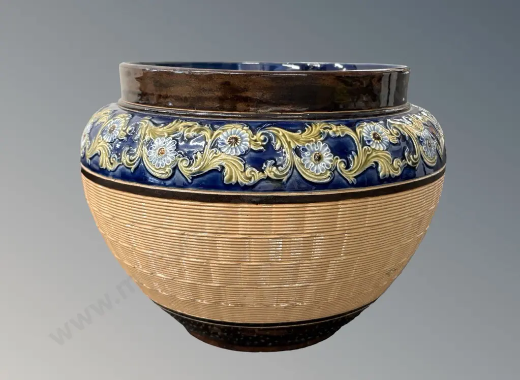 Doulton Lambeth Stoneware Jardiniere with Basketweave Texture, signed Emily Partington, H20xD28cm Image 1++
