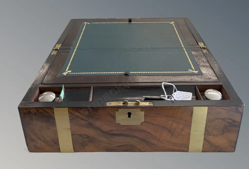 Victorian Walnut and Brass Bound Writing Slope with Leather Inlay and Secret Drawer L40xD24.5cm Image 1++
