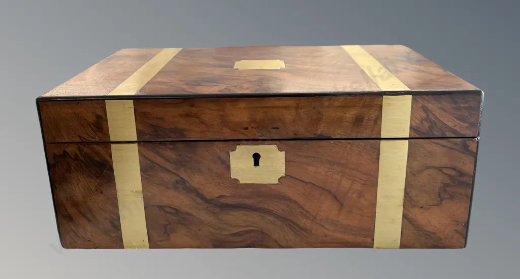 Victorian Walnut and Brass Bound Writing Slope with Leather Inlay and Secret Drawer L40xD24.5cm Image 1++