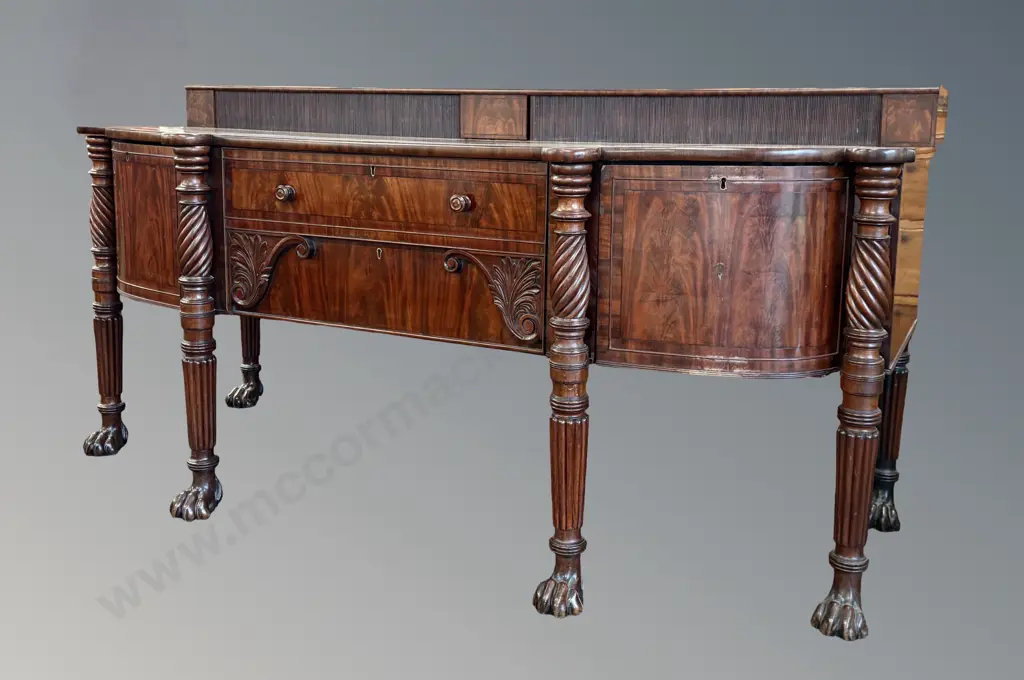 Flame Mahogany Regency Style Bowfront Sideboard with Spiral and Reeded Columns on Claw Feet with Two Doors & Leather Image 1++