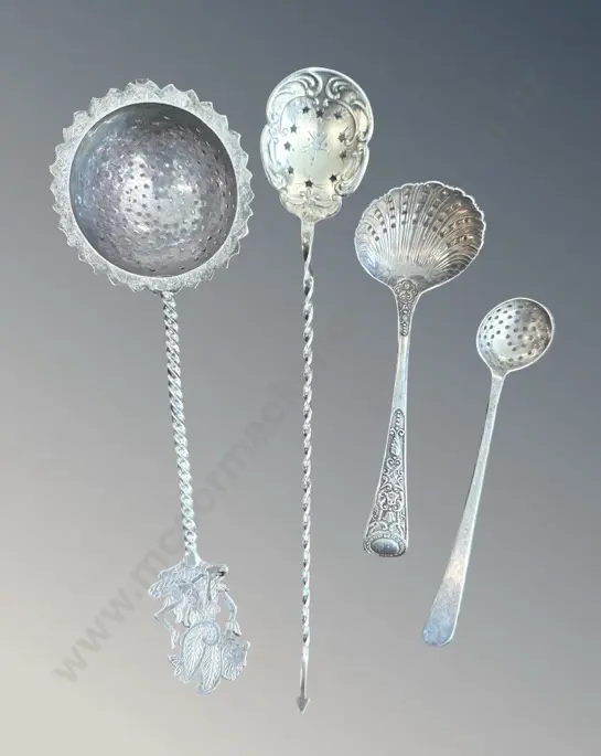 Four Sterling Silver Assorted Sifting Spoons (one .800 silver) TW87gms Image 1++