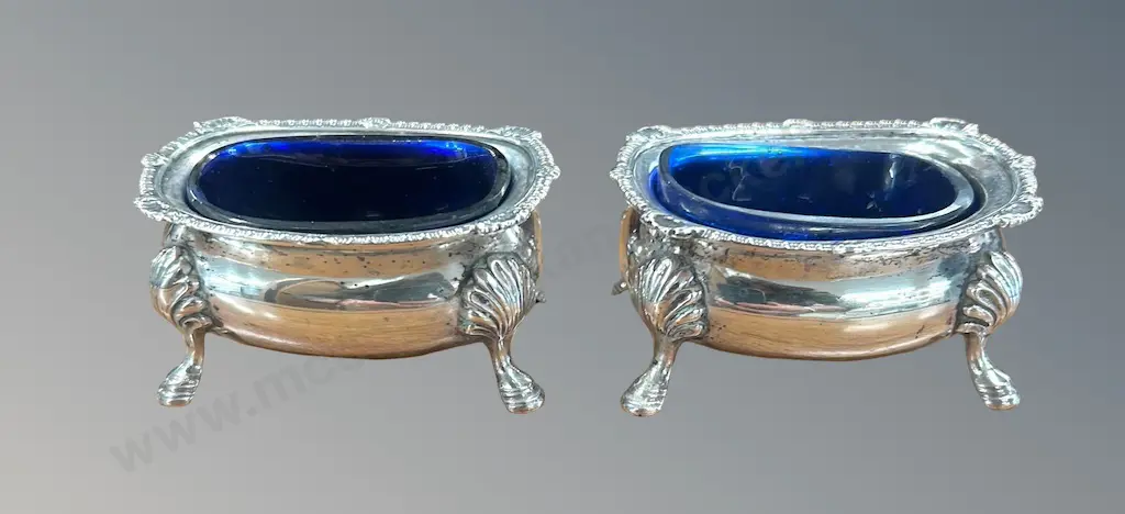 Pair of Sterling Silver Open Salts with Blue Liners, Birmingham 1921, TW130gms (without liners) Image 1++