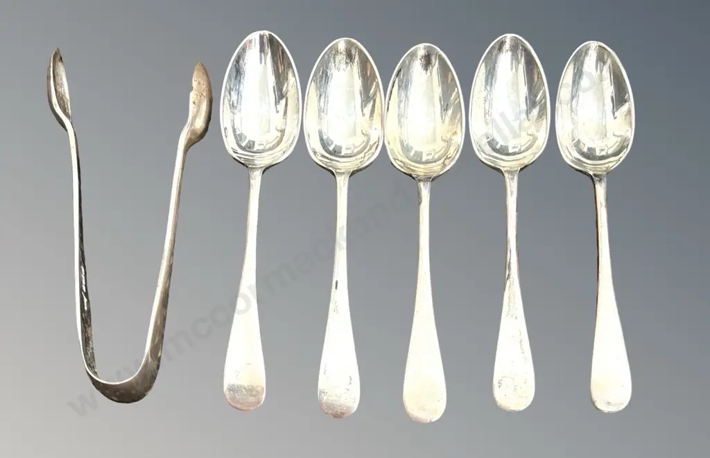 Set of 5 Sterling Silver Teaspoons and Pair of Sugar Tongs, TW85gms Image 1++