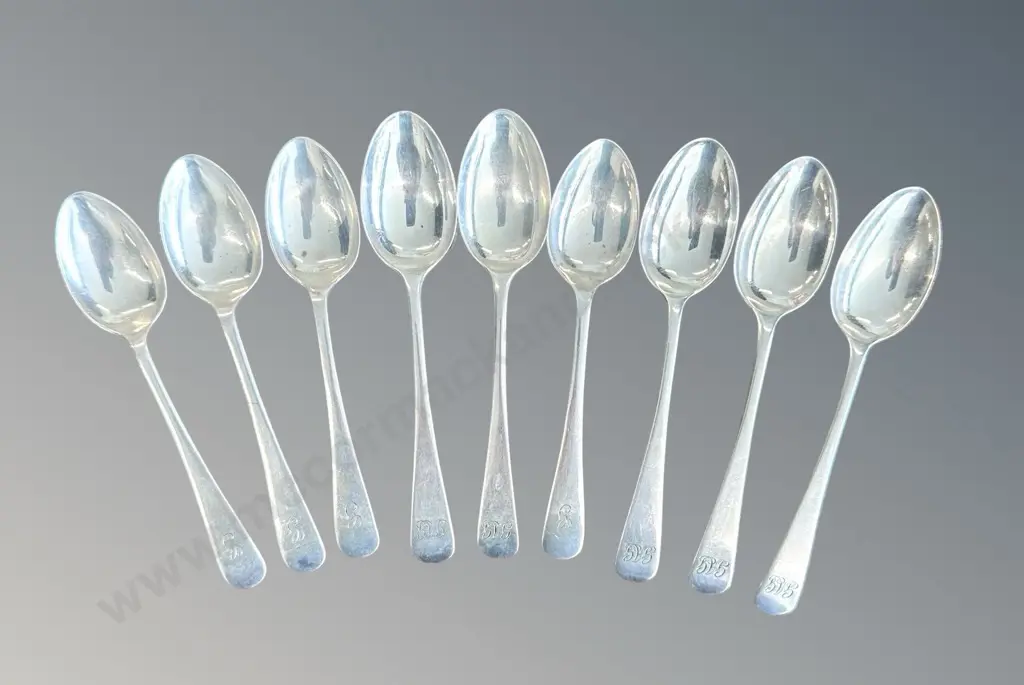 Set of Nine Sterling Silver Teaspoons, TW142gms Image 1++