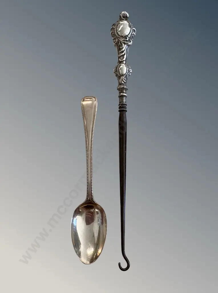 Sterling Silver Teaspoon and Sterling Handled Lace Hook TW64gms Image 1++