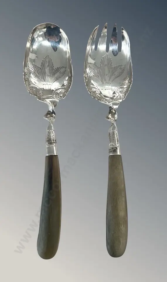 Horn Handled Sterling Silver Decorative Salad Servers, TW139gms Image 1++